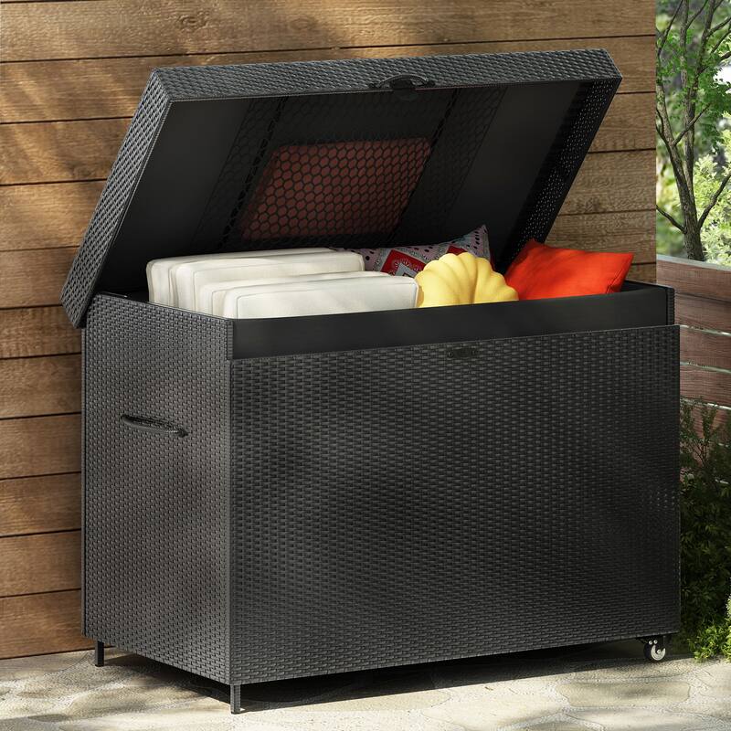 Grey Heavy Duty Wicker Storage Deck Box with 4 Wheels, Lockable Lid and Bench for Patio Poolside and Garage​ - Black