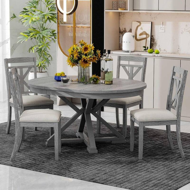 5 PCS Retro Functional Dining Table Set for 4 Extendable Round Table and 4 Upholstered Chairs