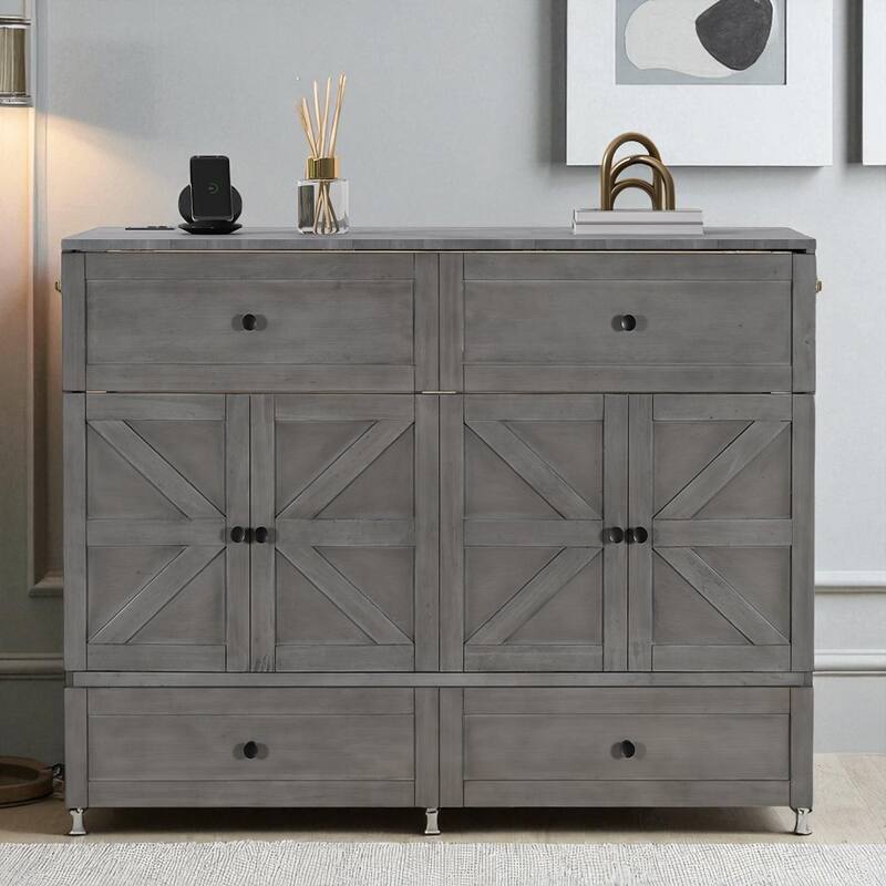 Space-Saving Full/Queen Murphy Bed with Headboard USB Charging Ports and Bottom Storage Drawers - Grey - Full
