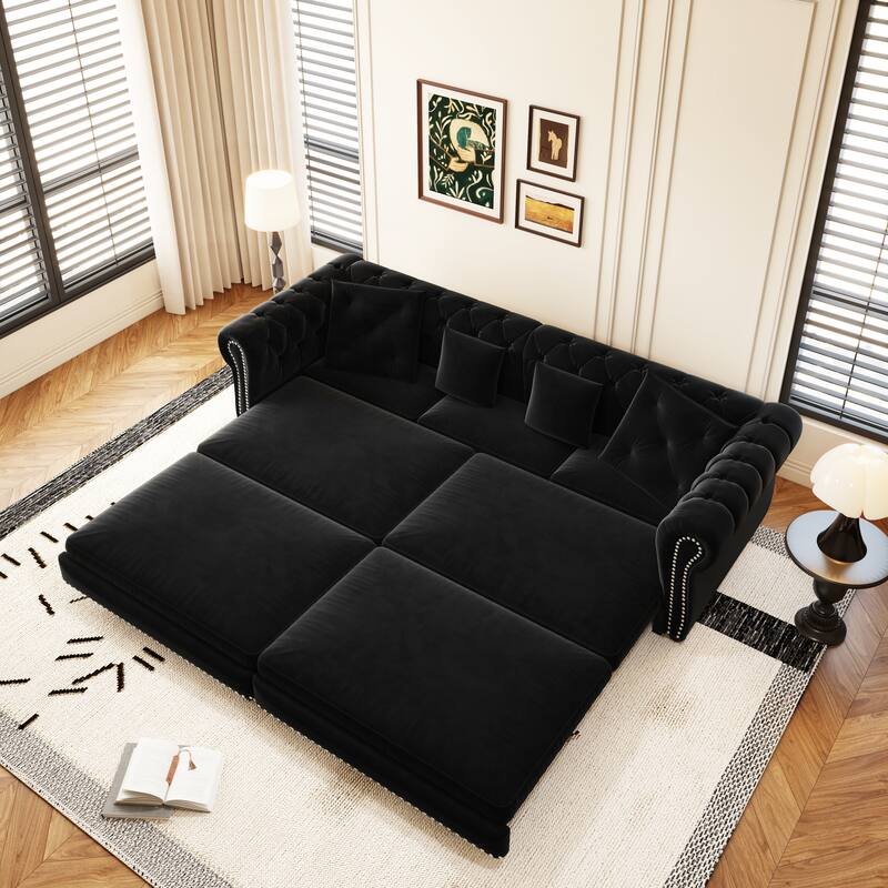 89" Chesterfield Pull Out Sofa Bed - Velvet 3-in-1 Convertible Sleeper with Chaise & Ottoman, King Size Sleeper Sofa - Black