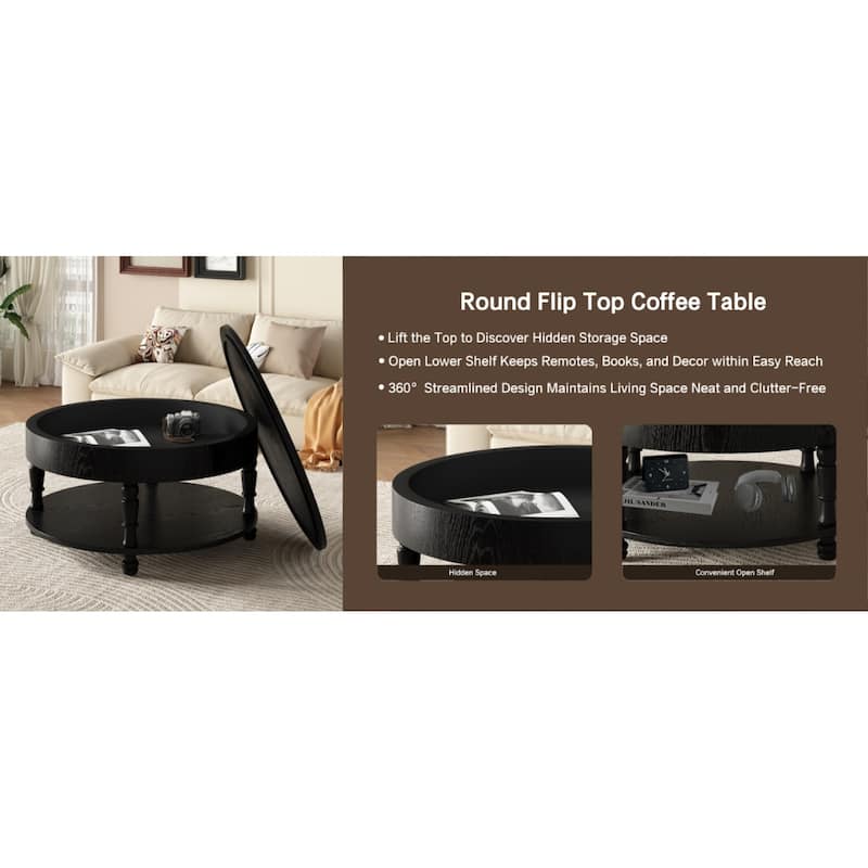 Roomfitters 31.5" Round Coffee Table, Storage Center Table with Hidden Compartment for Living Room