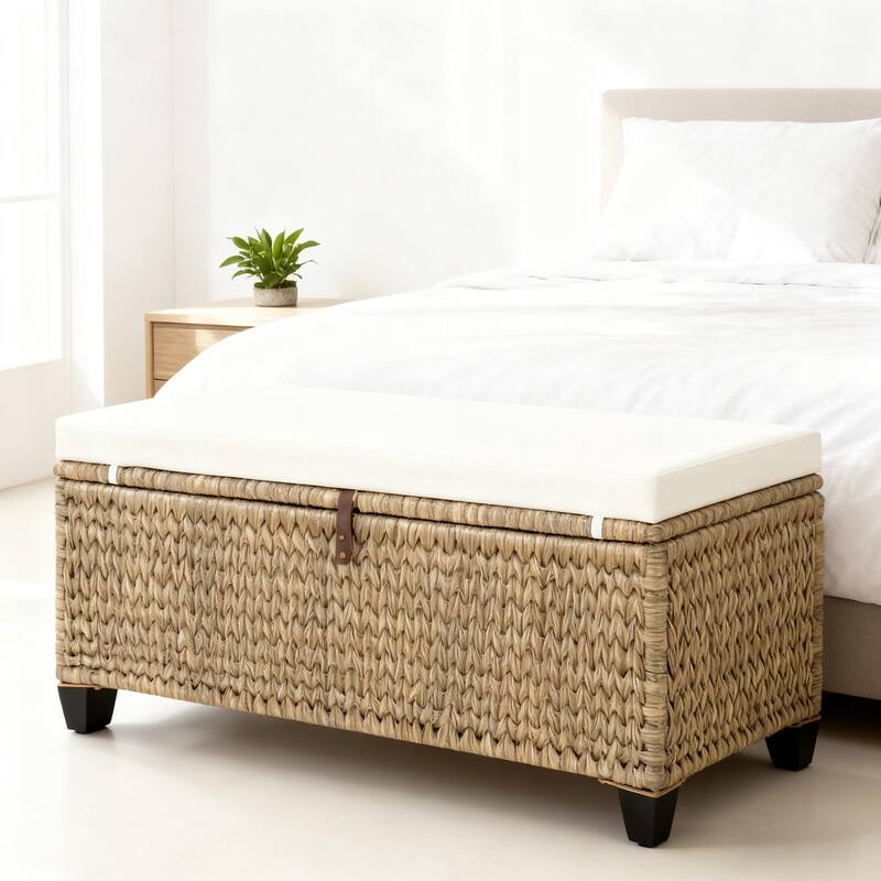 Wicker Storage Bench with Cushion for Bedroom, Living Room, Porch - 18.5'' H X 43.3'' W X 18.5'' D