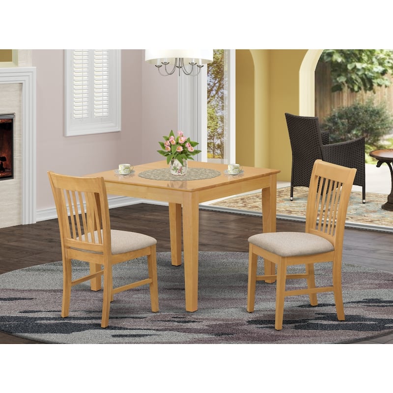 Square Dining Set - 36 Inch Kitchen Table with 2 Linen Chairs - Oak Finish