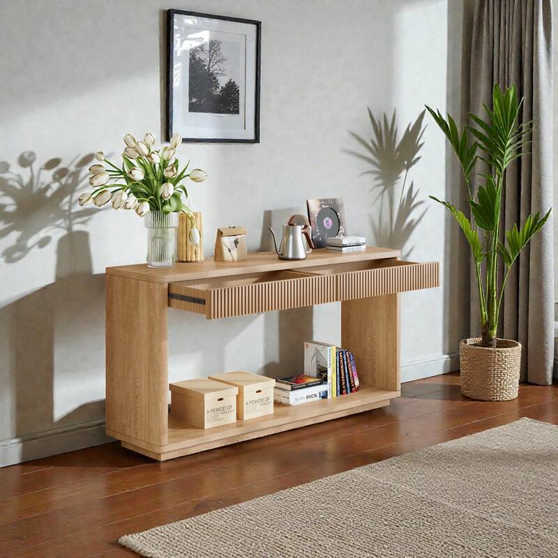 60" Modern Fluted Console Table with 2 Drawers, Natural Wood Veneer Sofa Table for Living Room Hallway Entryway