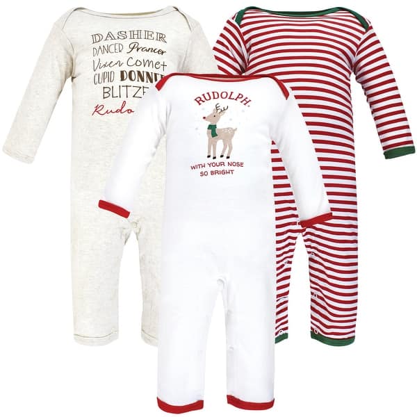 slide 1 of 1, Hudson Baby Infant Boy Cotton Coveralls, Rudolph Reindeer 0 - 3 Months - White/Red