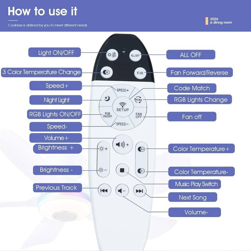 Kviflon 36/46 inches RGB Flush Mount Ceiling Fan with Light and Remote and Speaker