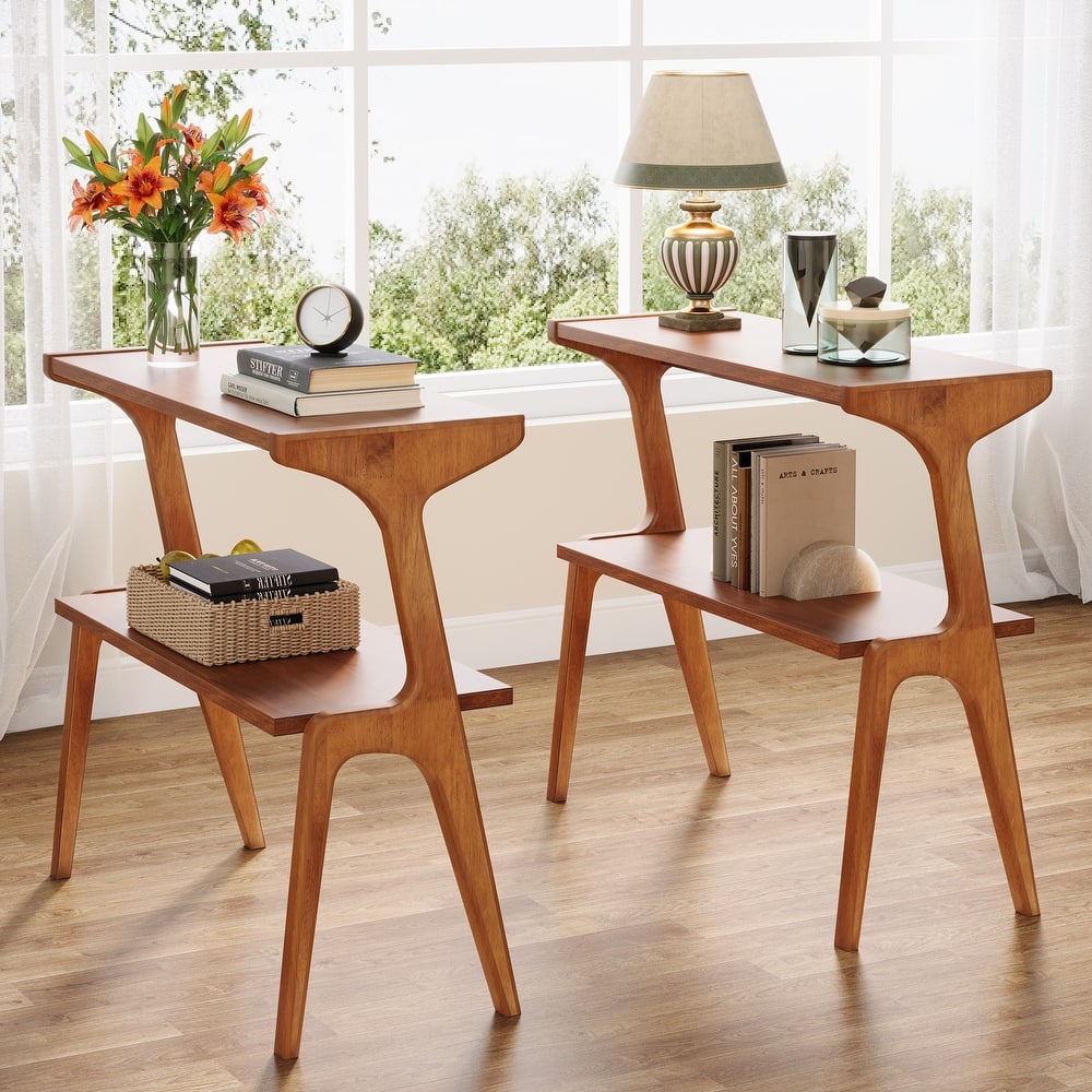 Narrow End Table for Living Room, 2-Tier Slim Sofa Side Table (Set of 2)