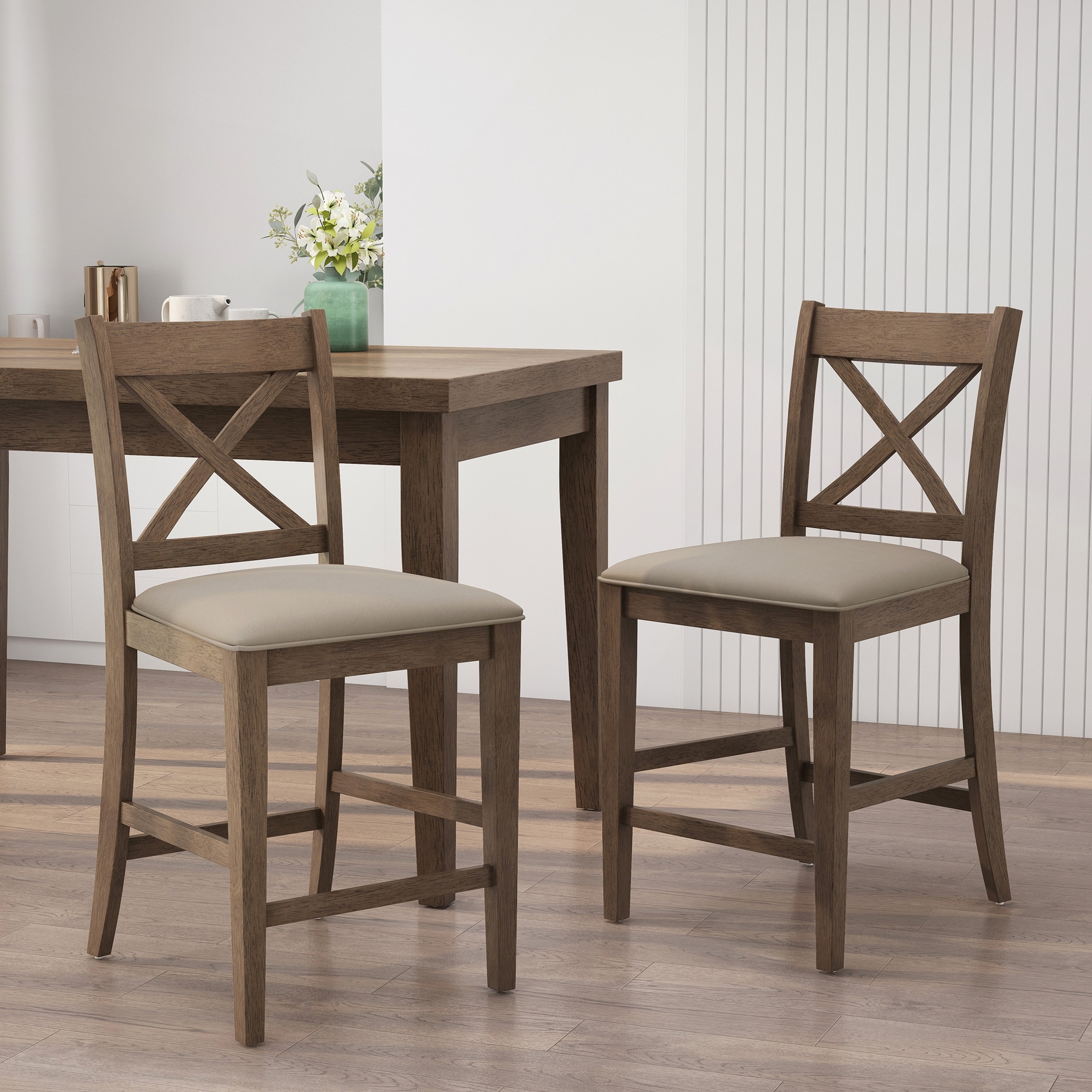 Upholstered Wood Counter Stools Set of 2 with X-Back Design for Farmhouse Style and Comfortable Seating