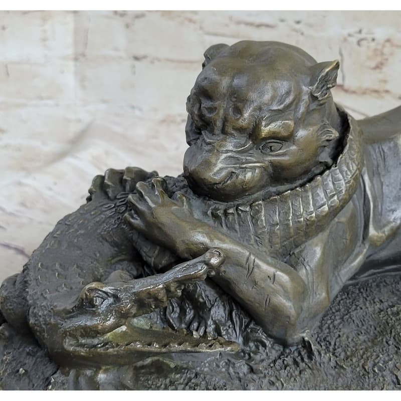 Panther Puma Mountain Imitative Lion Vs. Alligator Cayman Crocodile Bronze Sculpture Statue