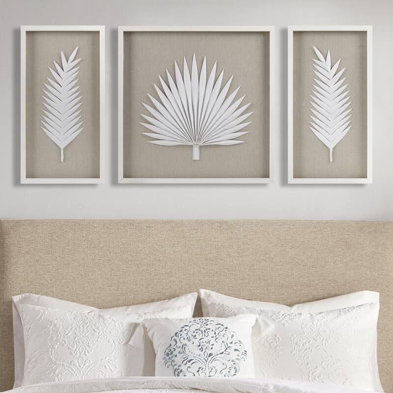Roomfitters 3-Piece Framed Rice Paper Palm Leaf Shadowbox Wall Decor Set, White Coastal Botanical Art for Living Room