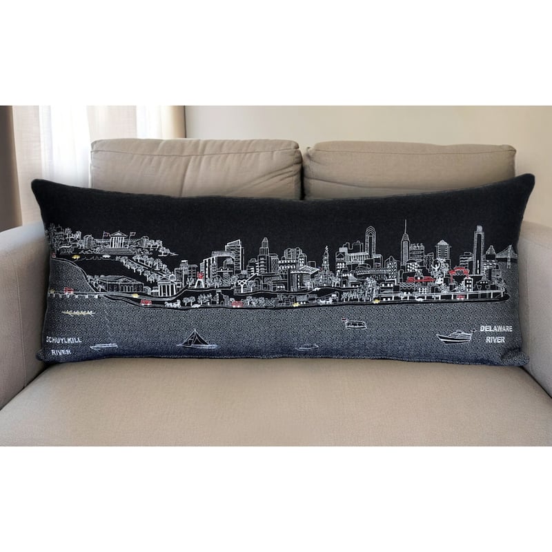 HomeRoots 35" Black Philadelphia Nighttime Skyline Lumbar Decorative Pillow - Bed Rest - Polyester