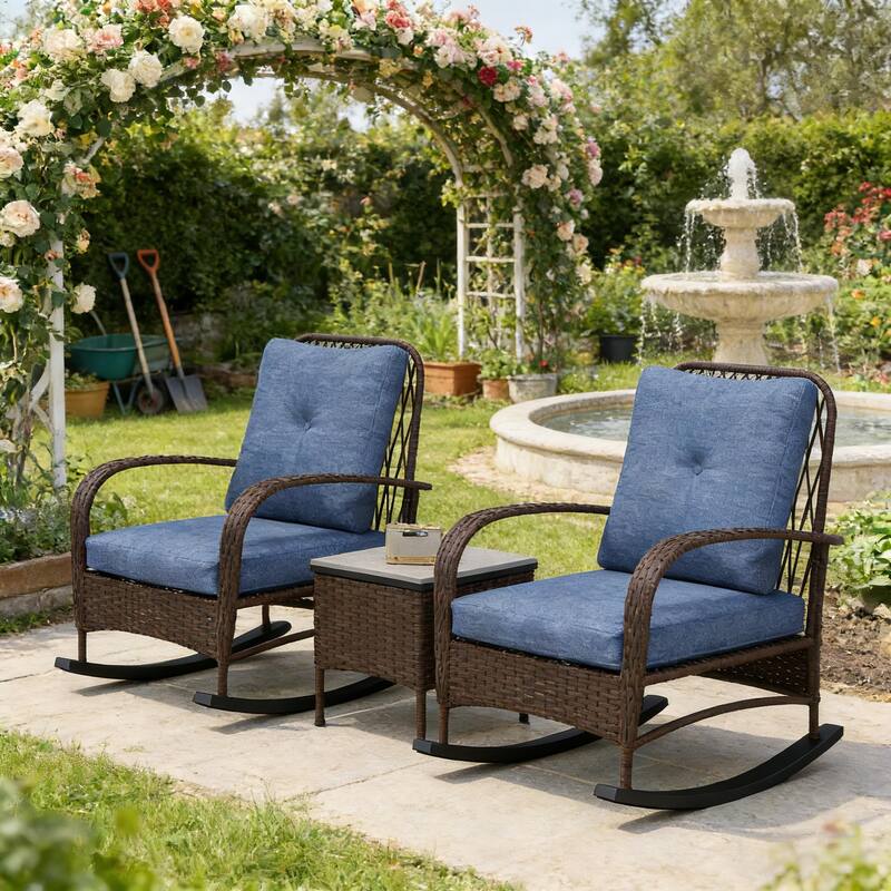 GDFStudio - Outdoor Wicker Rocking Bistro Set with Cushioned Chairs & Table