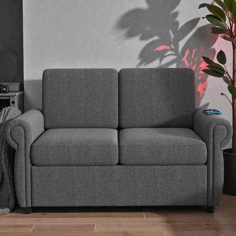 57.9" Pull-Out Loveseat Sleeper Sofa with Twin Memory Foam Mattress and USB Ports, Compact Sofa Bed for Living Room - Grey