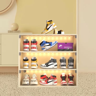 3-Tier Stackable Shoe Display Case with RGB LED Lights and Glass Doors for Sneakers Storage, Bedroom Hallway Organize Cabinet