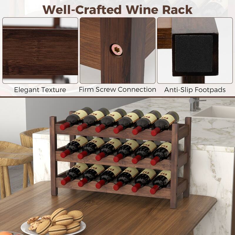 Gymax 3 Tier 18 Bottle Wine Storage Cabinet Shelf Bamboo Wine Rack for