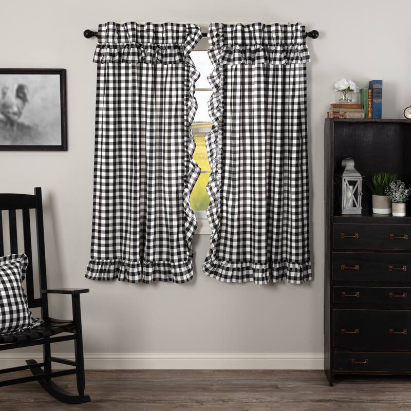 Annie Buffalo Check Ruffled Short Panel Set - Short Panel 63x36 - Short Panel 63x36 - Country Black/Soft White