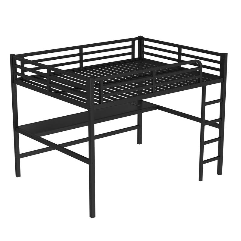 Queen Size Metal Loft Bed with Desk, USB, LED Light, Power Outlet, Space-Saving, Noise Reduced, Black