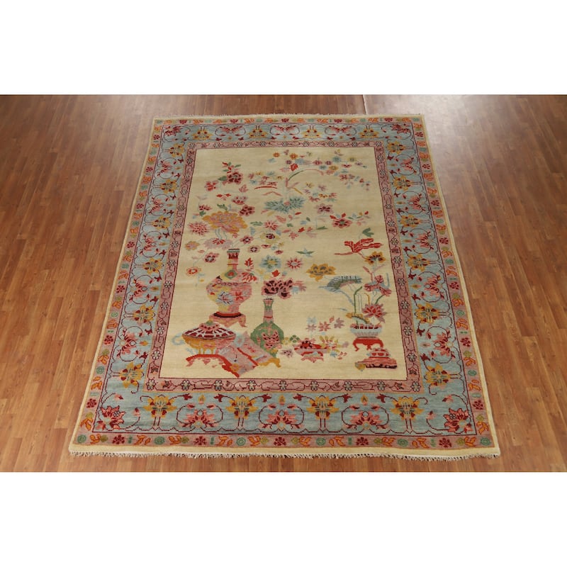 Pictorial Art Deco Indian Area Rug Handmade Wool Carpet - 8'1" x 10'1"