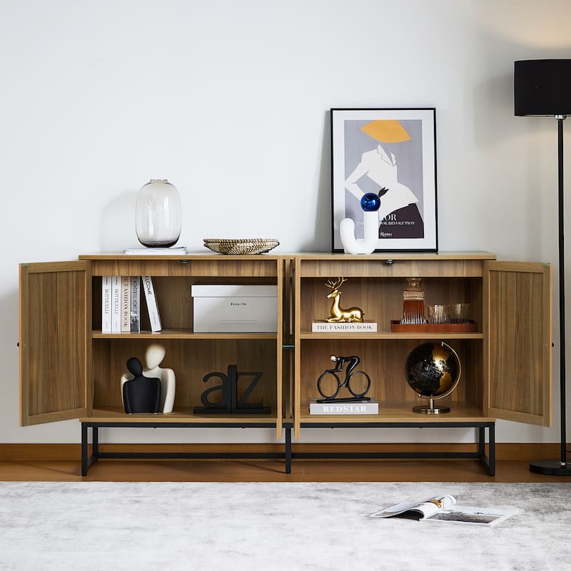 Wood Rattan 4-Door Buffet Sideboard With Storage