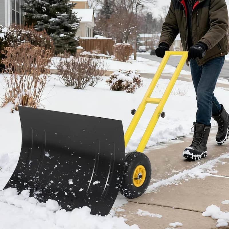 29.13x19.8 in Heavy Duty Rolling Snow Pusher Shovel for Driveway, Doorway, Sidewalk - Yellow