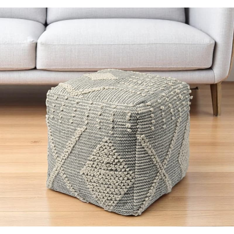 HomeRoots 18" Gray And Cream Woven Geometric Cube Pouf Ottoman - Cream/Gray - 17.72 in. x 17.72 in.  x 17.72 in.