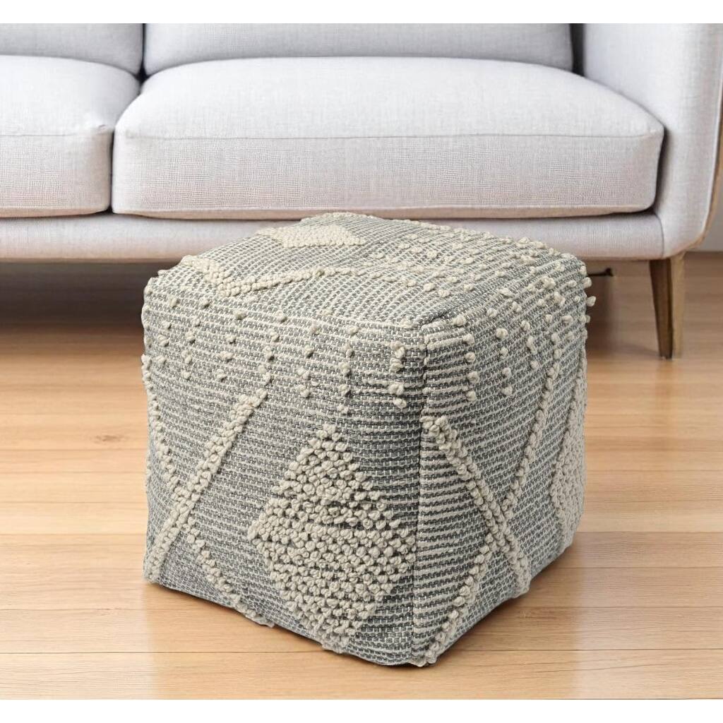 HomeRoots 18" Gray And Cream Woven Geometric Cube Pouf Ottoman