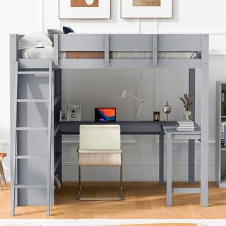 Full Size Grey Loft Bed with Desk, Shelf, and Storage - Solid Pine Wood