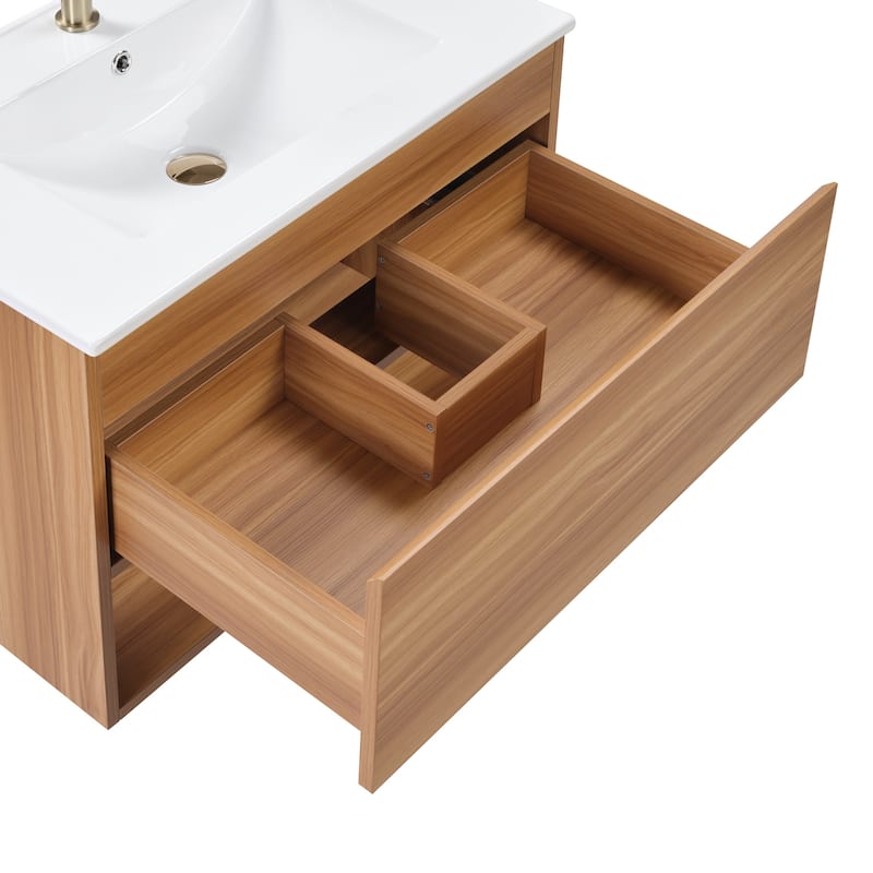 24" Floating Bathroom Vanity with Ceramic Sink - Wall Mounted Fluted Cabinet in Walnut with Drawers, Modern Design