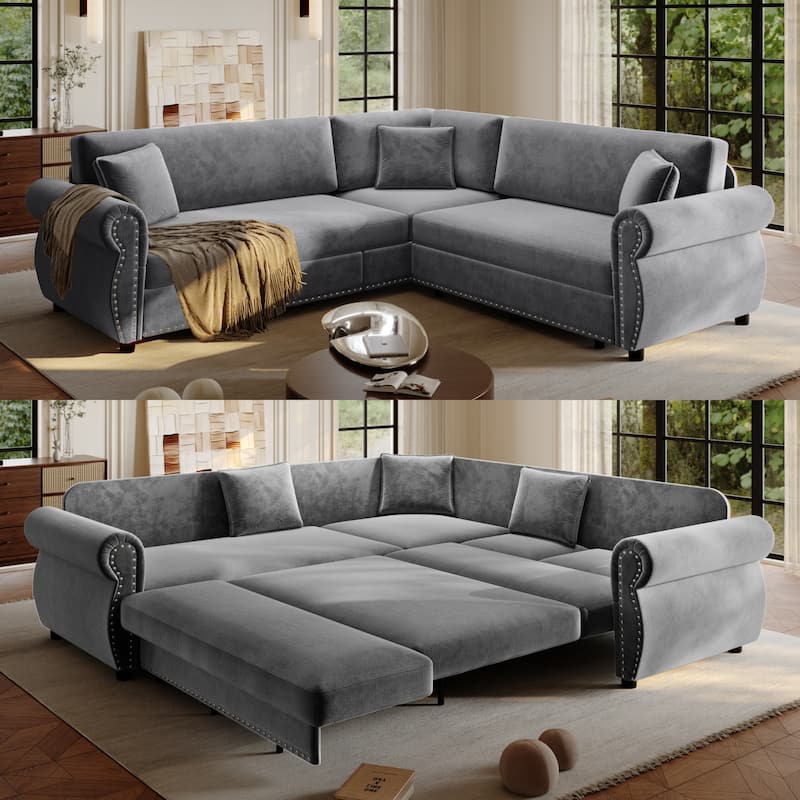88.2" L-Shaped Sleeper Sectional Sofa with Pull-Out Bed - Chenille Convertible Couch, Nailhead Trim, for Living Room - Grey/Black