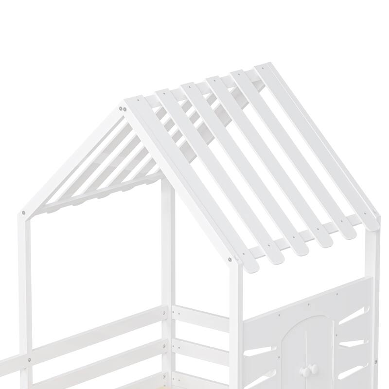 Twin Bed Frames for Kids,Twin Size House Bed With 2 Storage Drawers and Guardrails, Playhouse Bed With Roof and Window