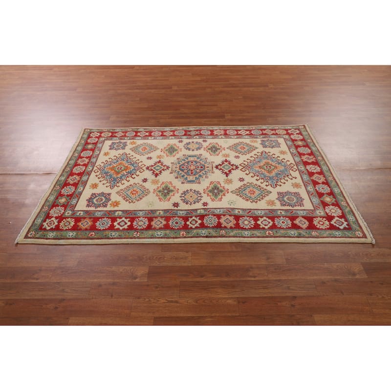 Red Geometric Kazak Area Rug Handmade Oriental Wool Carpet - 4'0" x 6'0"