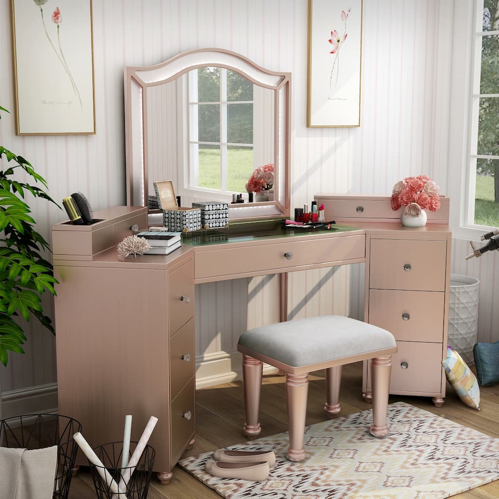 Furniture of America Ulru Transitional Solid Wood 3-Piece Makeup Vanity Set with LED