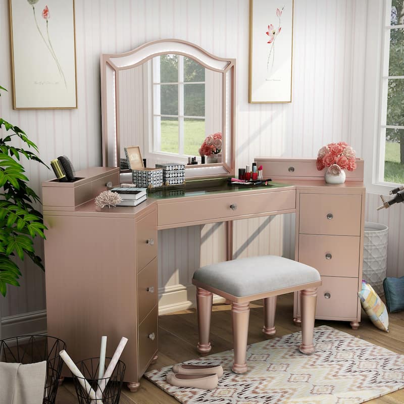 Furniture of America Ulru Transitional Solid Wood 3-Piece Makeup Vanity Set with LED