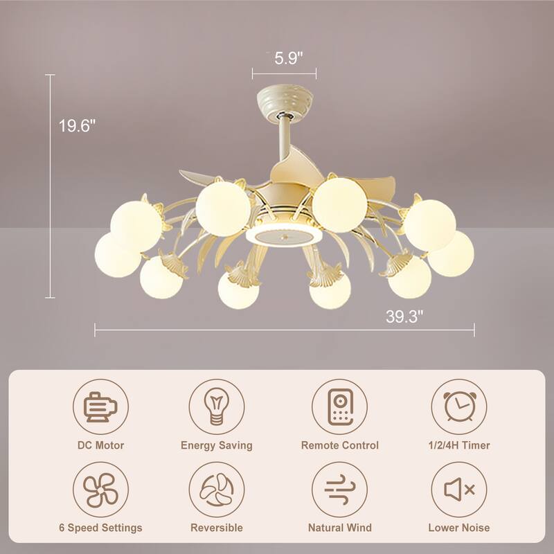 Indoor Chandelier Ceiling Fan with Light and Remote, Beige Fandelier with Milky Globe Shade for Bedroom
