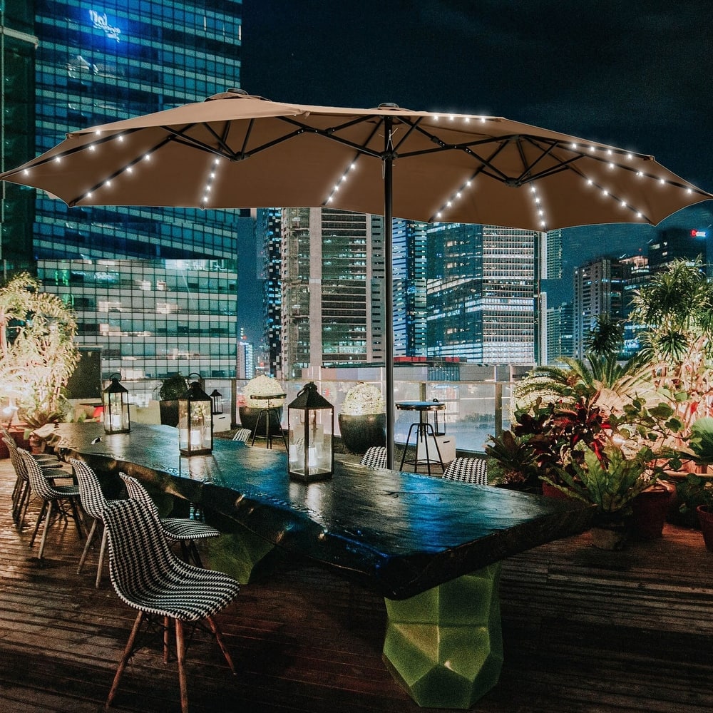 Ainfox 15ft Double-Sided Patio Umbrella with Base Large Outdoor Umbrella with LED Solar Lights