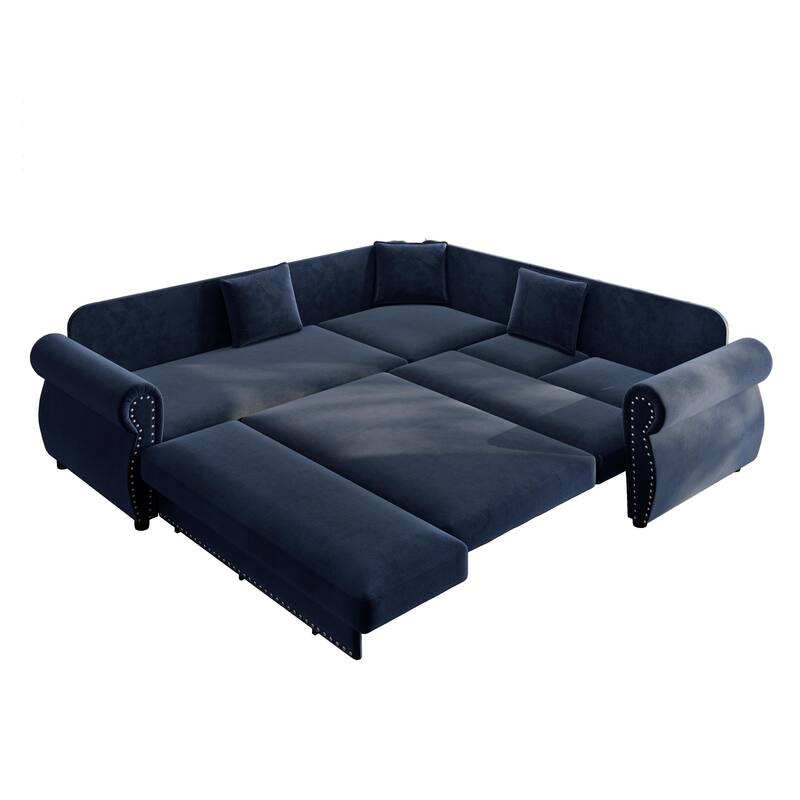 88.2" L-Shaped Sleeper Sectional Sofa with Pull-Out Bed - Chenille Convertible Couch, Nailhead Trim, for Living Room