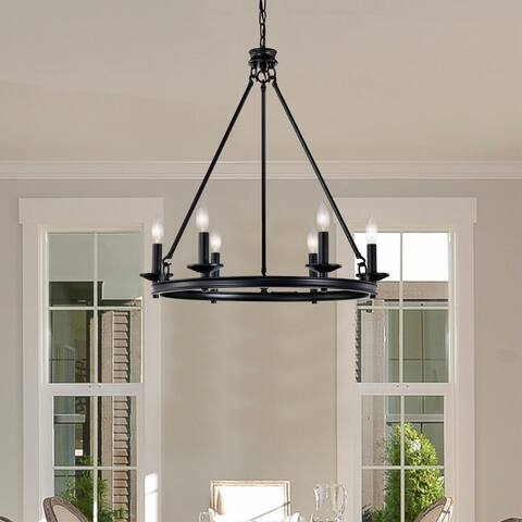 Leontia 25 Inch Mid-Century Modern Wagon Wheel Style Matte Black Finish Ceiling Lighted Candle Chandelier 6-Light - N/A