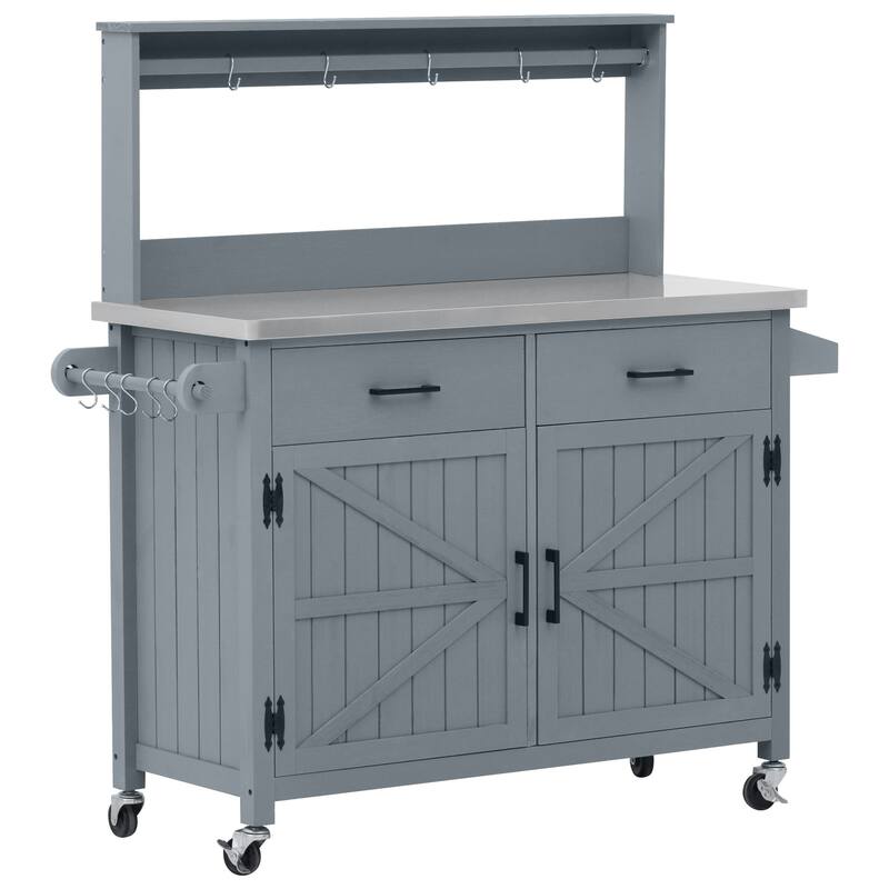 54.1" Outdoor Kitchen Island with High Shelf, Large Outdoor Potting Table with Top and Storage Cabinet, With Lockable Wheels