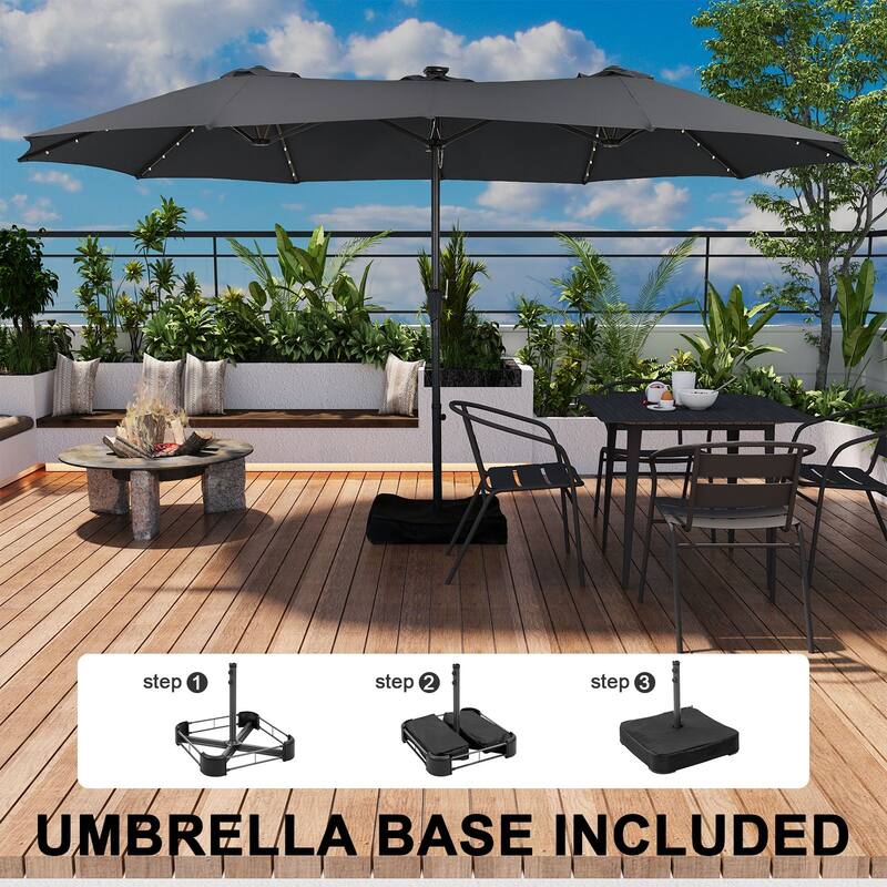 Autlaycil 15ft Retangle Patio Umbrella with Solar Lights & Base