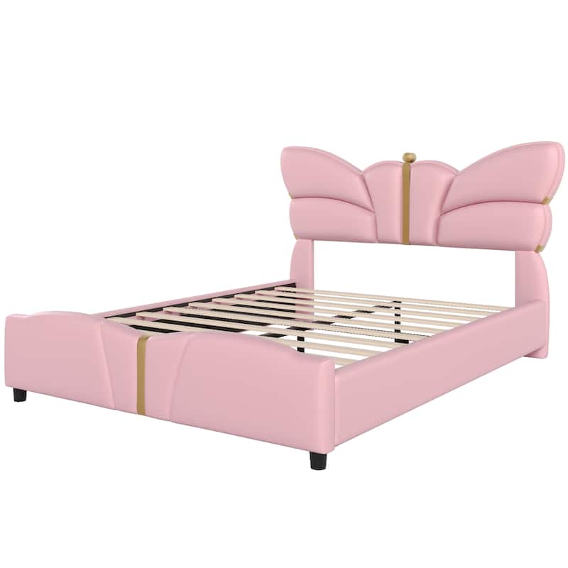 Queen Size Upholstered Bed Frame, with Butterfly Shaped Headboard and Footboard, Platform Bed Frame with Metal Decorations