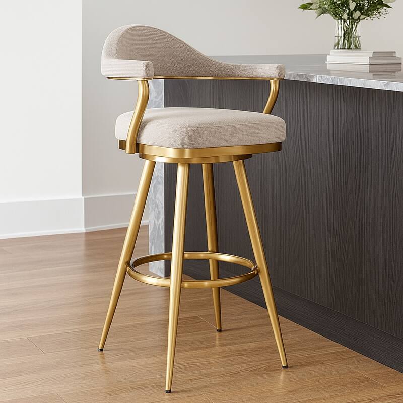 Justy Swivel Barstool Chair, Gold Steel Taper Legs, Taupe Polyester