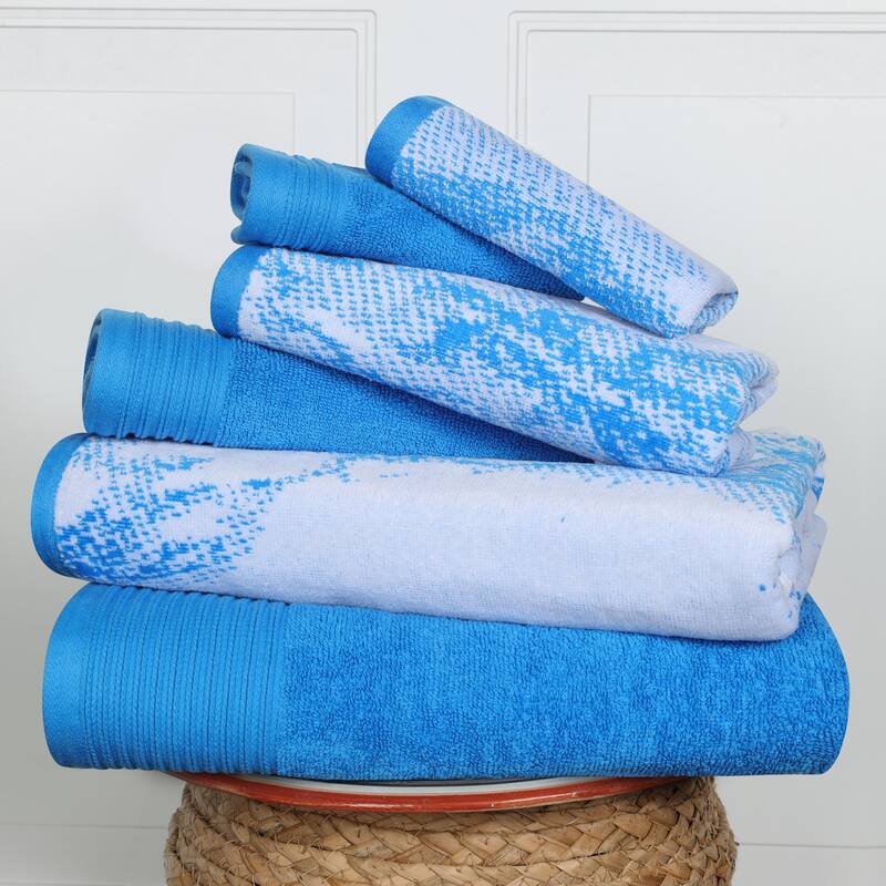 Superior Cotton Quick-Drying Solid and Marble 6 Piece Towel Set - Blue