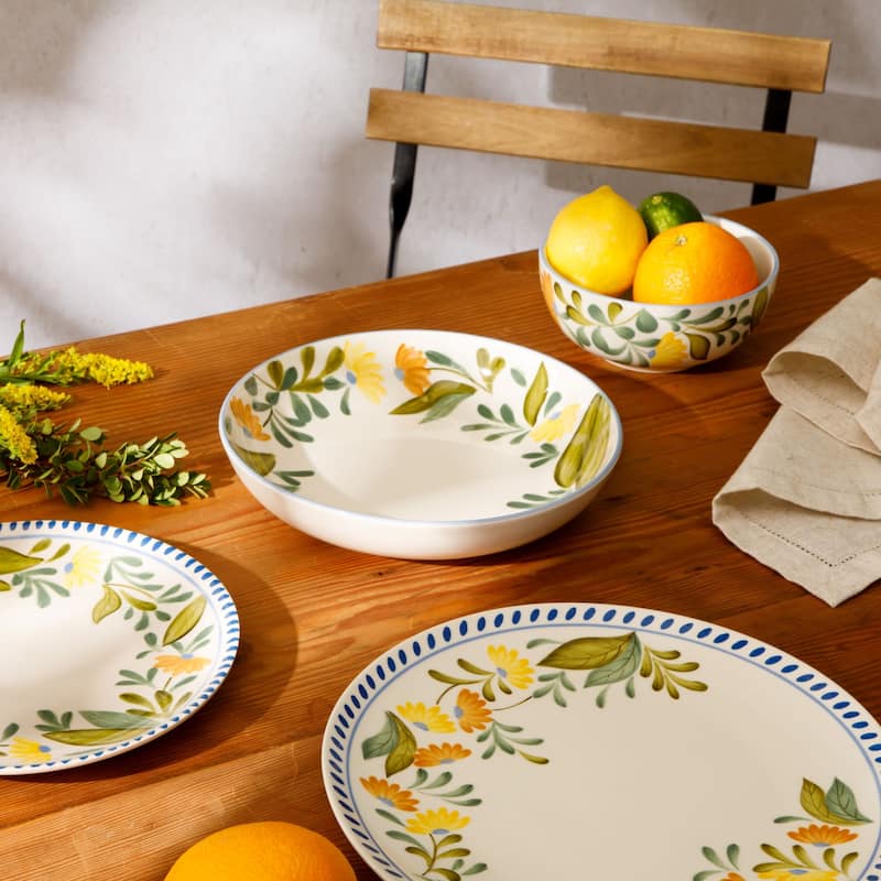 Bloomhouse Posy Blossom 16 Piece Double Bowl Hand Painted Stoneware Plates and Bowls Floral Dinnerware Set