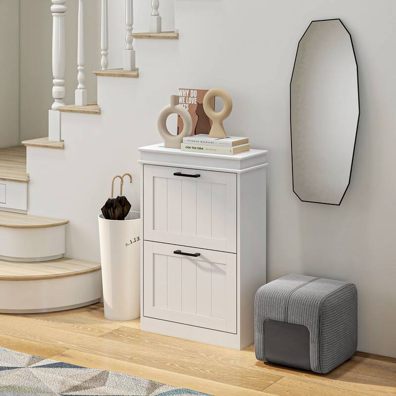Shoe Cabinet for Entryway, Narrow Shoe Rack Storage Organizer with 2 Flip Drawers and Adjustable Shelves for 10 Pairs of Shoes