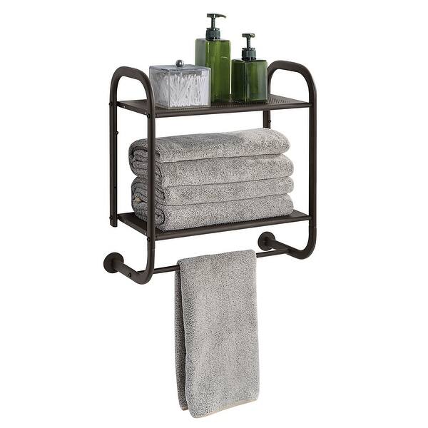 slide 2 of 2, Bathroom Shelf, 2 Tier Shelf with Towel Bar Wall Mounted Shower Storage Brown