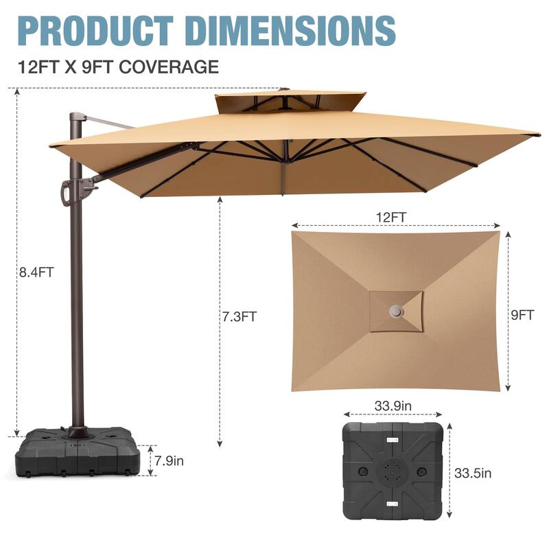 9 x 12 FT Outdoor Patio Double Top Rectangular Cantilever Umbrella with Wheel Base