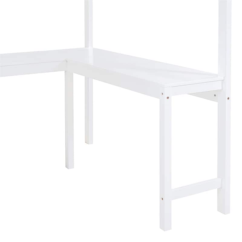 Full Size Wood Loft Bed with Desk and Shelf,Guardrail