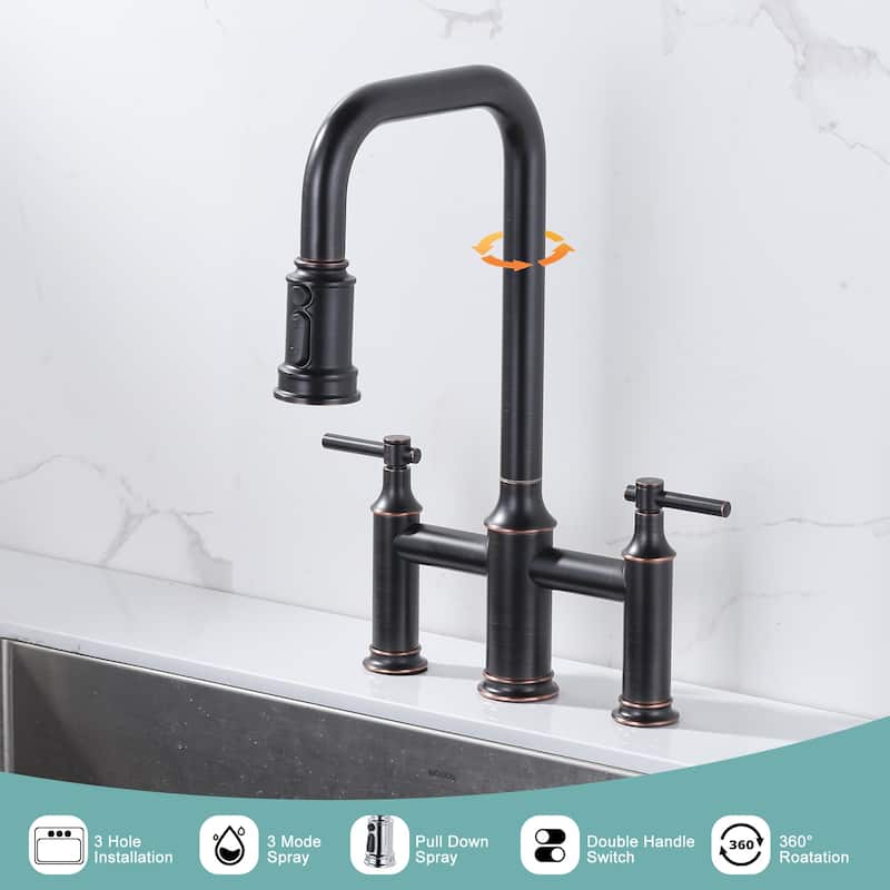 WOWOW Double Handle Bridge Kitchen Faucet with Advanced Spray