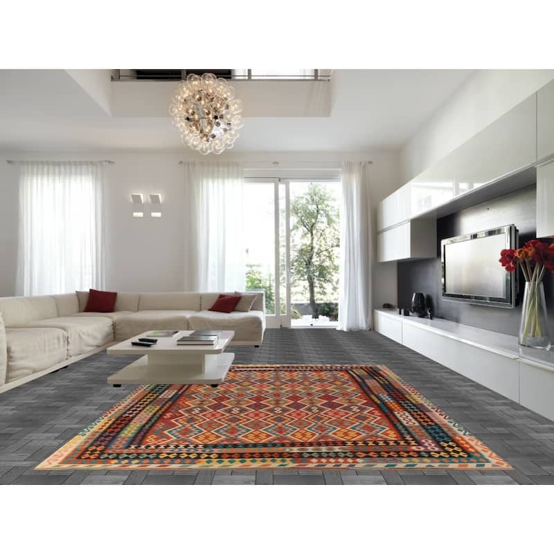 Geometric Kilim Area Rug Flatweave Oriental Multi-Color Wool Carpet - 9'11"x 12'10"