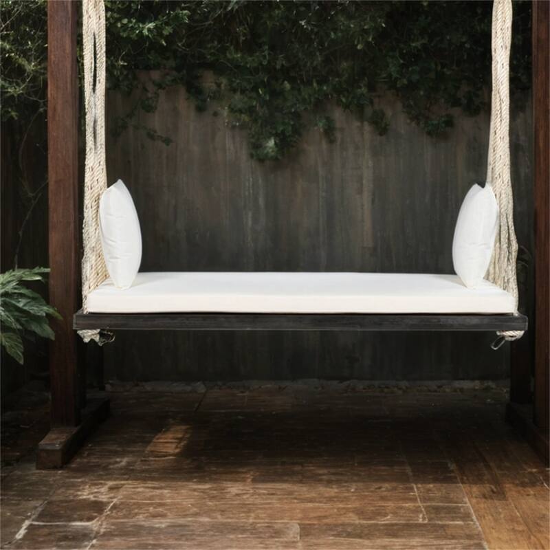 Patio Wood Hanging Swing Bench with Cushion and Pillows